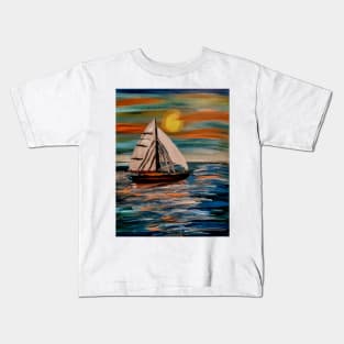 Sailing ship in the open ocean at sunset Kids T-Shirt